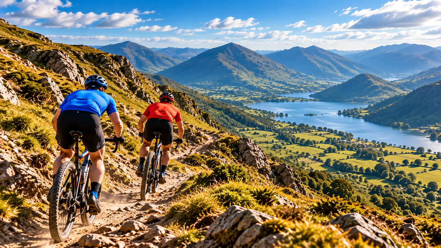 Two mountain bikers on a rocky hillside trail above a lake