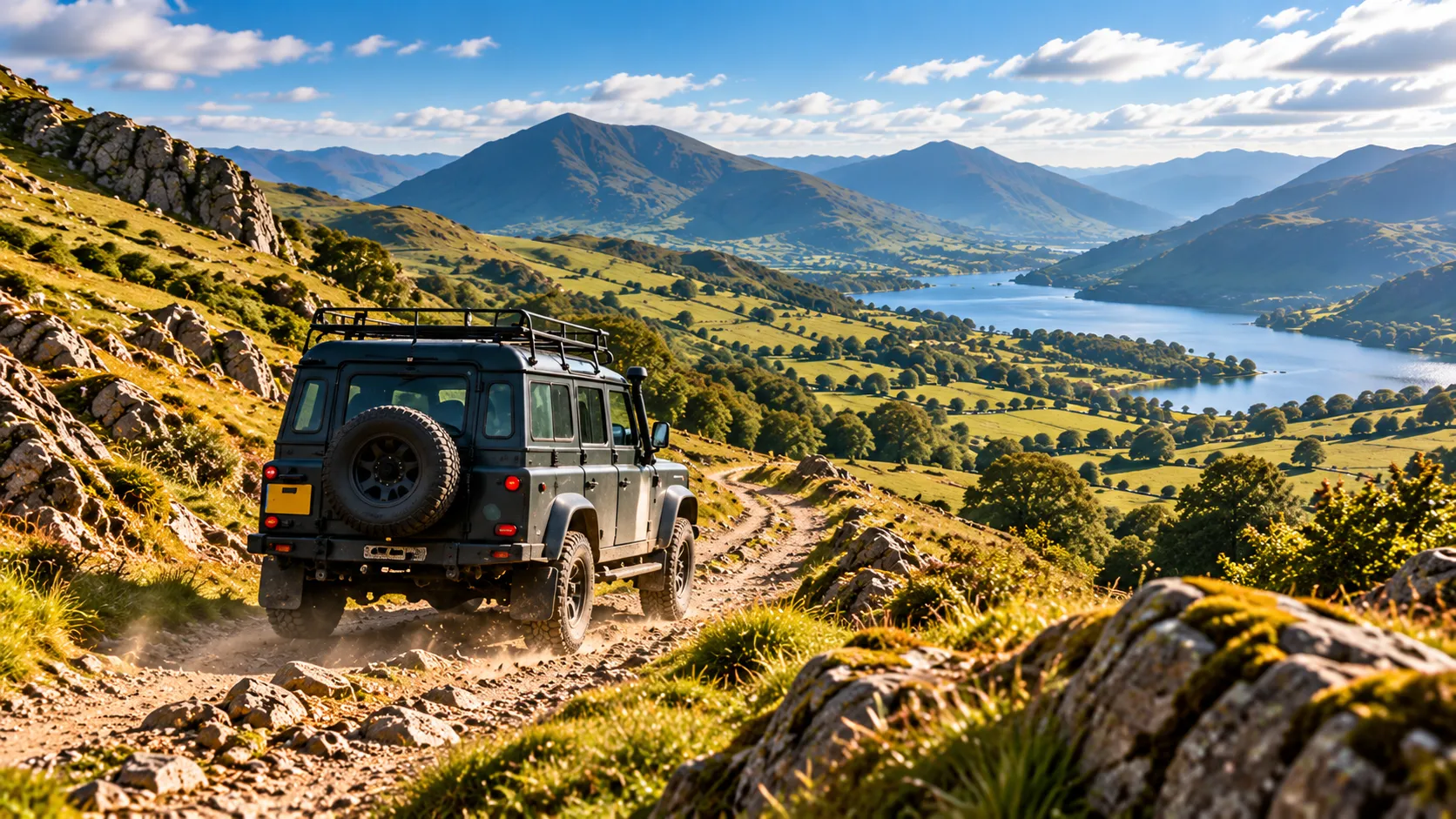 A 4x4 on a stony track across a hillside, above a lake in a valley