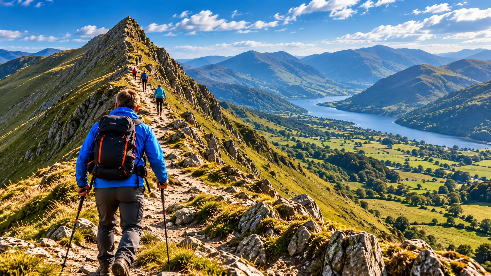 A walker with poles on a rocky ridge path above a green valley and a lake