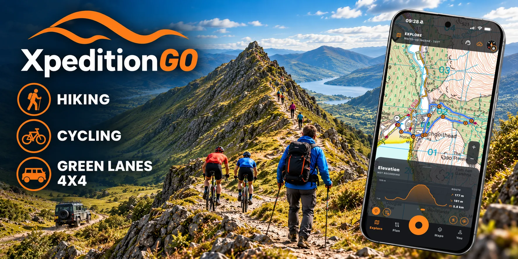 XpeditionGO for hiking, cycling and green lanes in a 4x4: walkers, mountain bikers and a 4x4 on a mountain ridge, beside a phone showing a route on an Ordnance Survey map with its elevation profile
